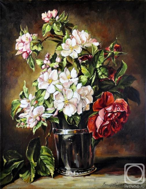 Komarovskaya Yelena. Blossoming branch of an apple-tree and rose in a silver vase
