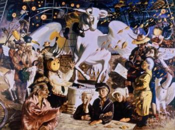 Erection of a monument to the flying cow. Akimov Vladimir