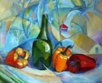 Three Peppers, a Bottle and Spring Outside the Window