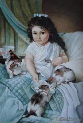 Portrait of a girl with kittens. Sidikova Anna
