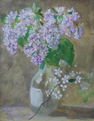 Branch of lilac, cherry branchin an imaginary glass. Dobrovolskaya Gayane