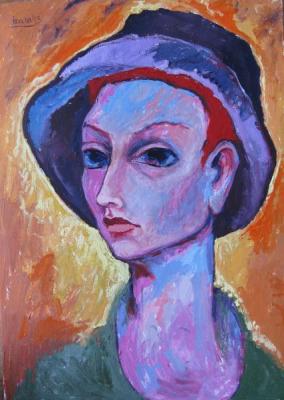Woman in black hat on yellow