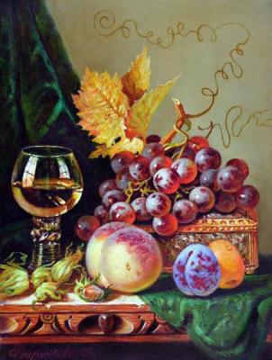 Still life with peaches, grapes, casket (Grape Wine). Biryukova Lyudmila