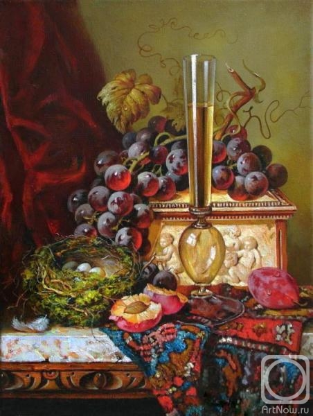 Biryukova Lyudmila. Still Life with Nest, grapes, casket