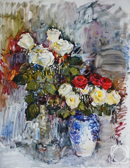 Khvastunova Alla. Roses in a vase with blue painting