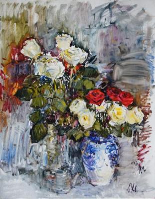 Roses in a vase with blue painting. Khvastunova Alla