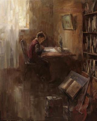 Boy doing school homework (Traditional Painting). Lyssenko Andrey