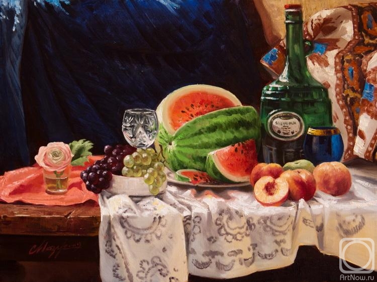 Mazur Nikolay. Still Life with watermelon, peaches, grapes, a rose and a bottle of wine