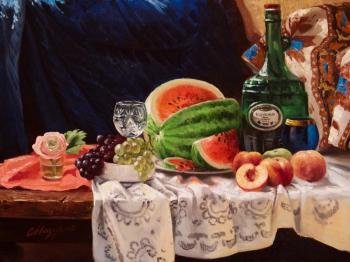 Still Life with watermelon, peaches, grapes, a rose and a bottle of wine. Mazur Nikolay