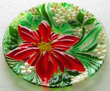Glass dish for the holiday table, "The red Klematis" fusing
