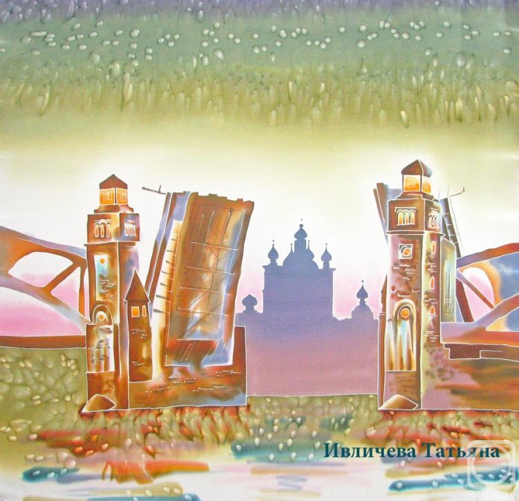 Ivlicheva Tatiana. Shawl-batik "Okhta Bridge. St. Petersburg"