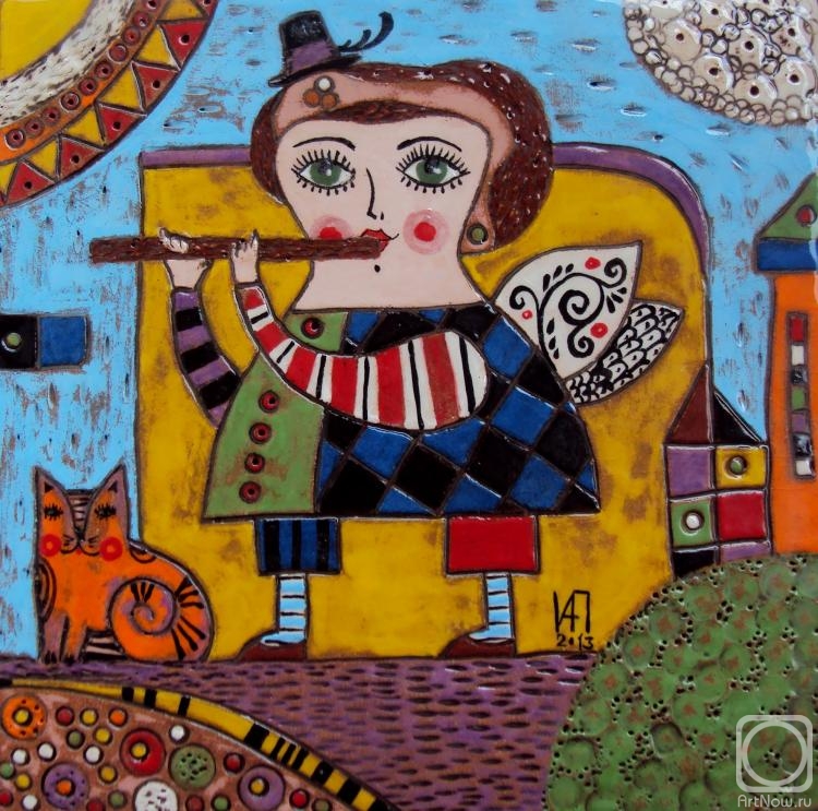 Pankovskaya Irina. Ceramic tile-panel "Angel with a cat"