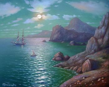 Rocky shore in the moonlit night. Kulagin Oleg