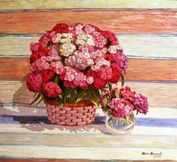 Painting Turkish carnation on background Russian rug. Krasnova Nina