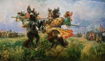 The Duel of Peresvet with Chelubey. The copy of Avilov's painting (War Picture Painting). Simonova Olga