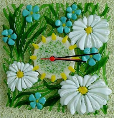 Openwork wall clock "Flowering marge" glass fusing. Repina Elena