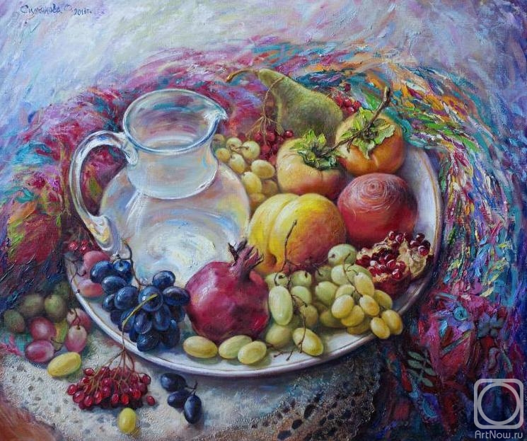 Simonova Olga. Still life with fruit and a glass jug