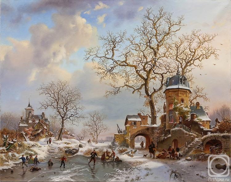 Elokhin Pavel. Winter landscape with figures near the castle