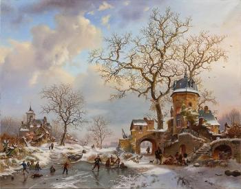 Winter landscape with figures near the castle