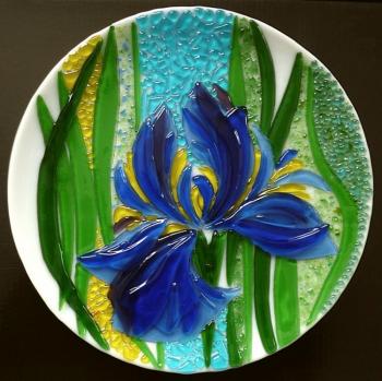 White dish for the holiday table, "Blue toffees" glass fusing. Repina Elena
