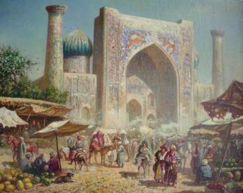 Oriental market on the background of the Sher-Dor madrasah in Samarkand
