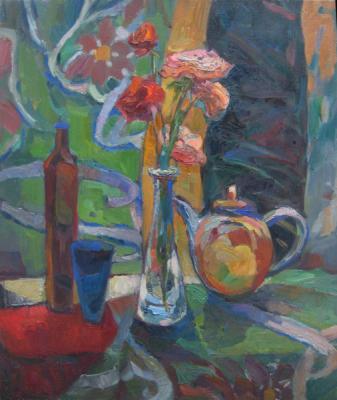 Still life with roses and a decorative scarf