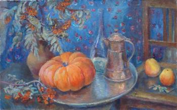 Still life with pumpkin and copper coffee pot. Kalmykova Yulia