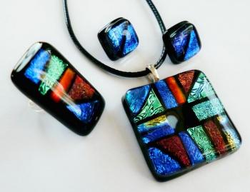 Jewelry Set "NONblack the square" dichroic glass, fusing