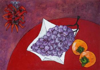 Still life with persimmon and grapes