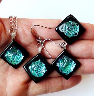 Jewelry Set "Turquoise sky slough" 2 dichroic glass, fusing. Repina Elena