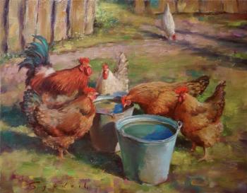 Картина «Пеструшки на водопое»