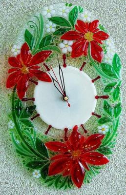 Wall clock "red clematis", fusing, glass