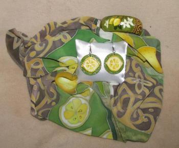 Set silk scarf, earrings and bracelet "Lemons" (Brown Scarf). Zarechnova Yulia