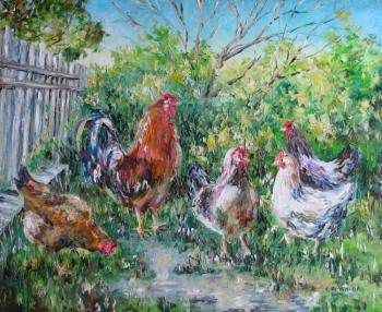 Rooster and chickens in the yard. Kruglova Svetlana