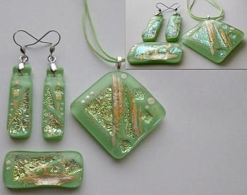 Jewelry Set "Coolness of mint" dihroic glass, fusing. Repina Elena
