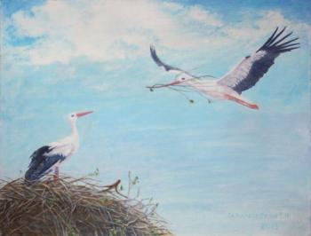 Storks. Twig for nest. Kudryashov Galina