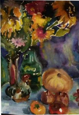 Still life with sunflowers and a rooster. Kazmina Olga