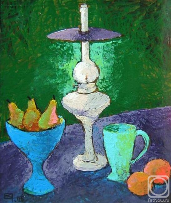 Chugaev Valentin. Still life with white lamp on a green background