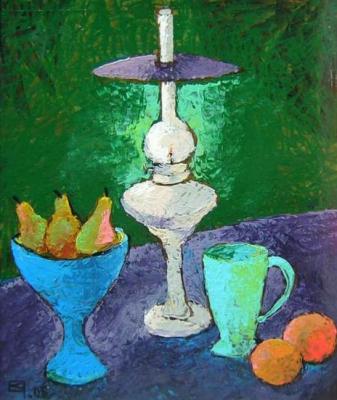 Still life with white lamp on a green background
