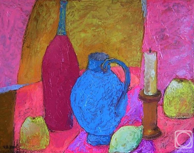 Chugaev Valentin. Still-life with red wine and a dark blue vase