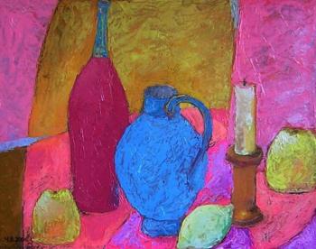 Still-life with red wine and a dark blue vase