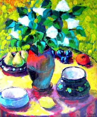 Still life with fruit vases and flowers