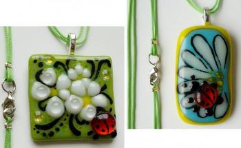 Couple pendants "Ladybugs in good hands!" glass fusing