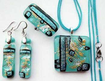 Jewelry Set "Turquoise Dahl" dihroic glass, fusing
