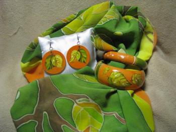 Set silk scarf, earrings and bracelets "Autumn Fox" (Brown Scarf). Zarechnova Yulia
