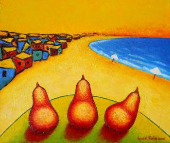 Pears on the background of the coast. Rain Vyusal