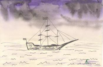 Sailboat under a purple sky. Steklov Alexander