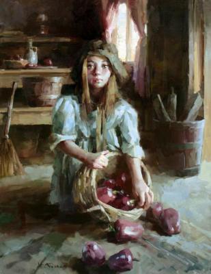 Girl with a basket of peppers