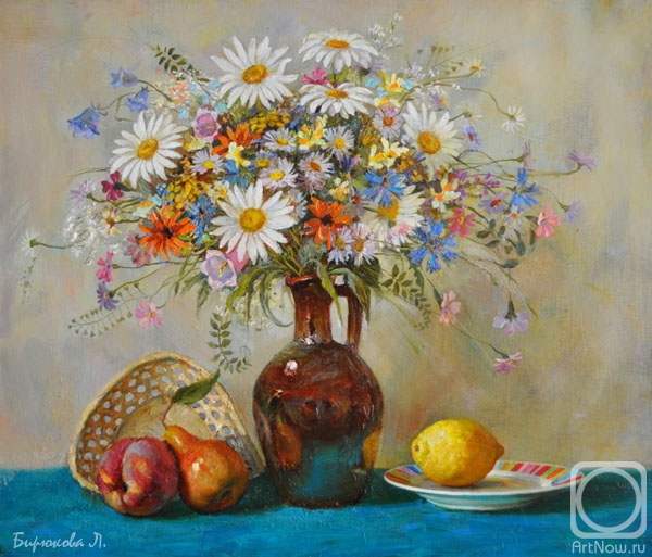 Натюрморт с цветами и фруктами» картина Бирюковой Людмилы маслом на холсте  — купить на ArtNow.ru