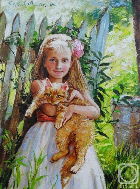Simonova Olga. Summer in a garden (the girl with a cat)